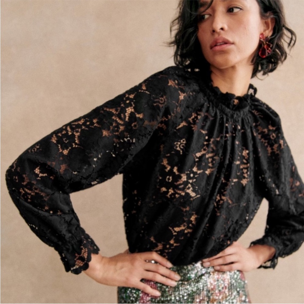 Sezane Sheila Blouse Sz 44 Black Lace Top